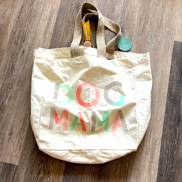 NWT handcrafted “dog mama” cotton canvas large reusable tote bag tan cream - Picture 2 of 10